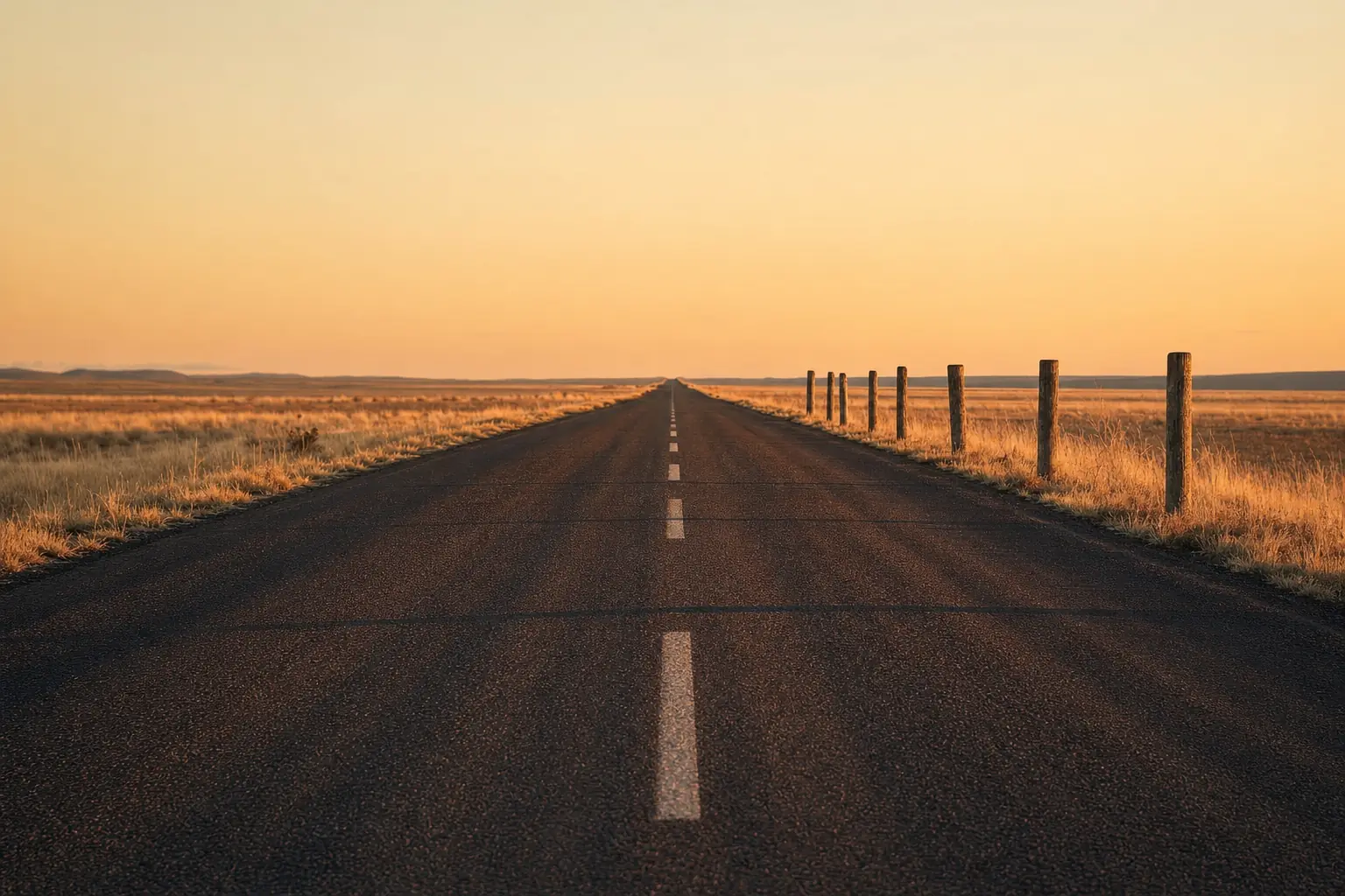 An empty straight road at sunset with a line of weathered wooden posts receding evenly along the right verge
