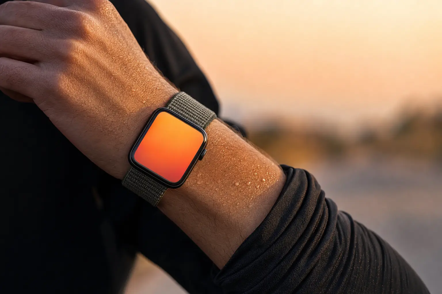Close-up of a runner’s wrist wearing a sports smartwatch with a plain glowing amber screen, against a blurred sunset road