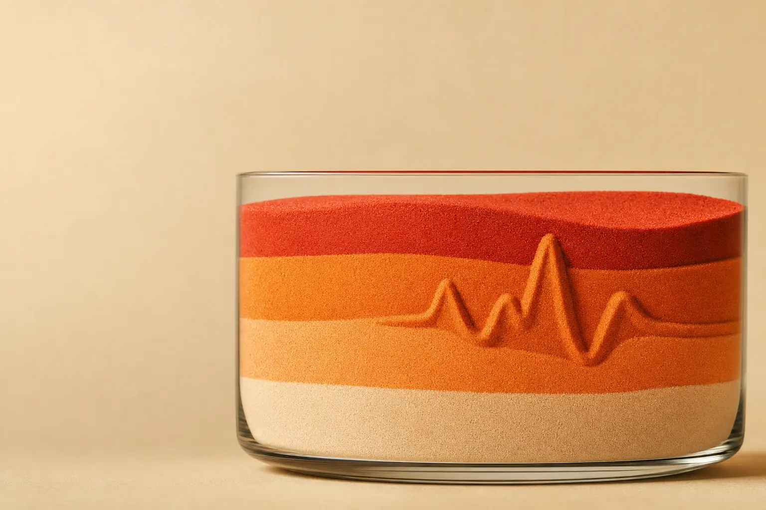 Layers of coloured sand in a glass bowl graduating from cream to deep red, with a heartbeat trace sculpted into one layer