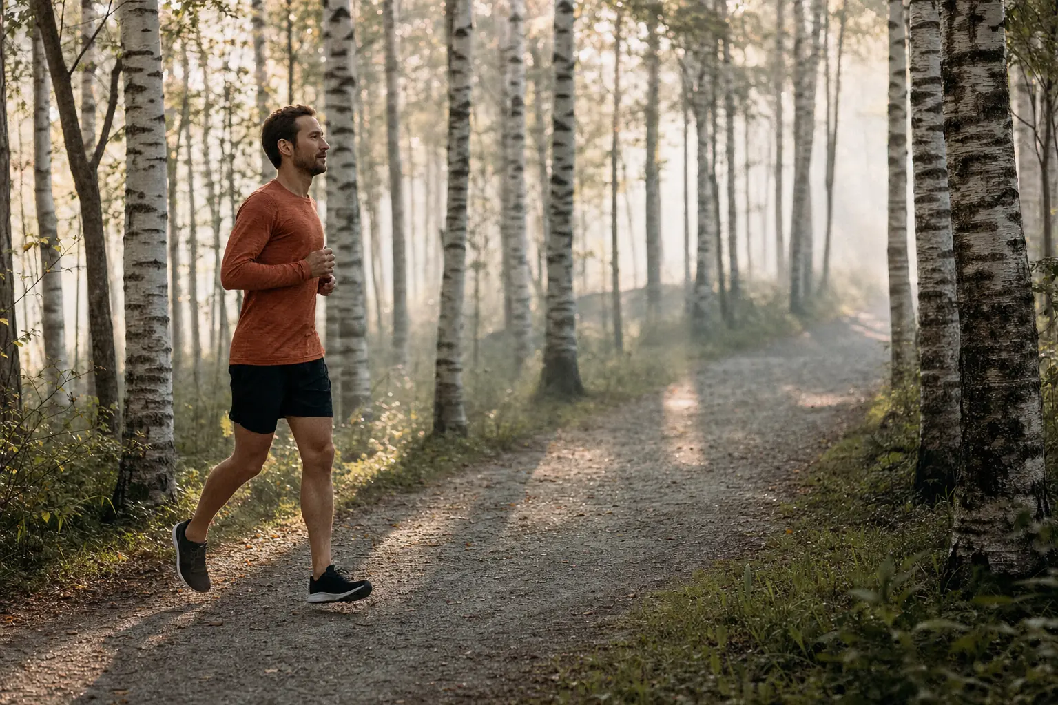 A runner jogging at an easy, relaxed pace along a gravel path through a misty birch forest