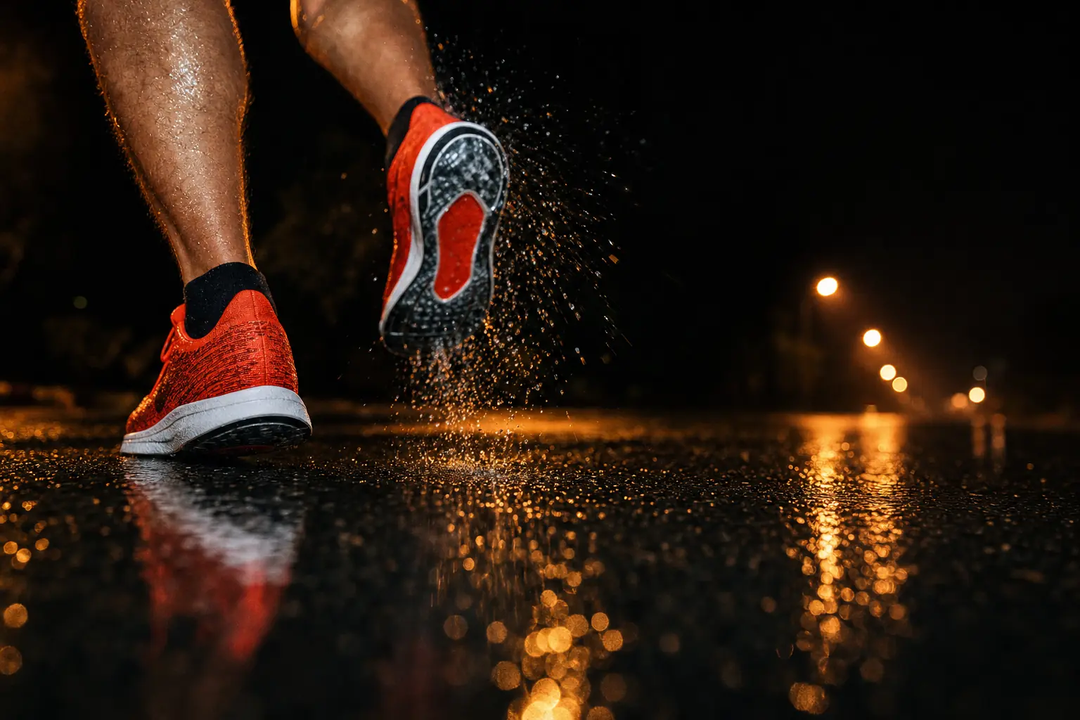 Close-up of red running shoes at the moment of toe-off on wet tarmac at night, water spraying under streetlights