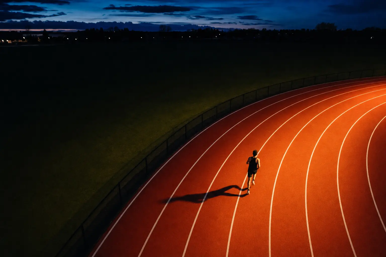 Aerial view of a floodlit red athletics track at dusk with a single runner rounding the bend