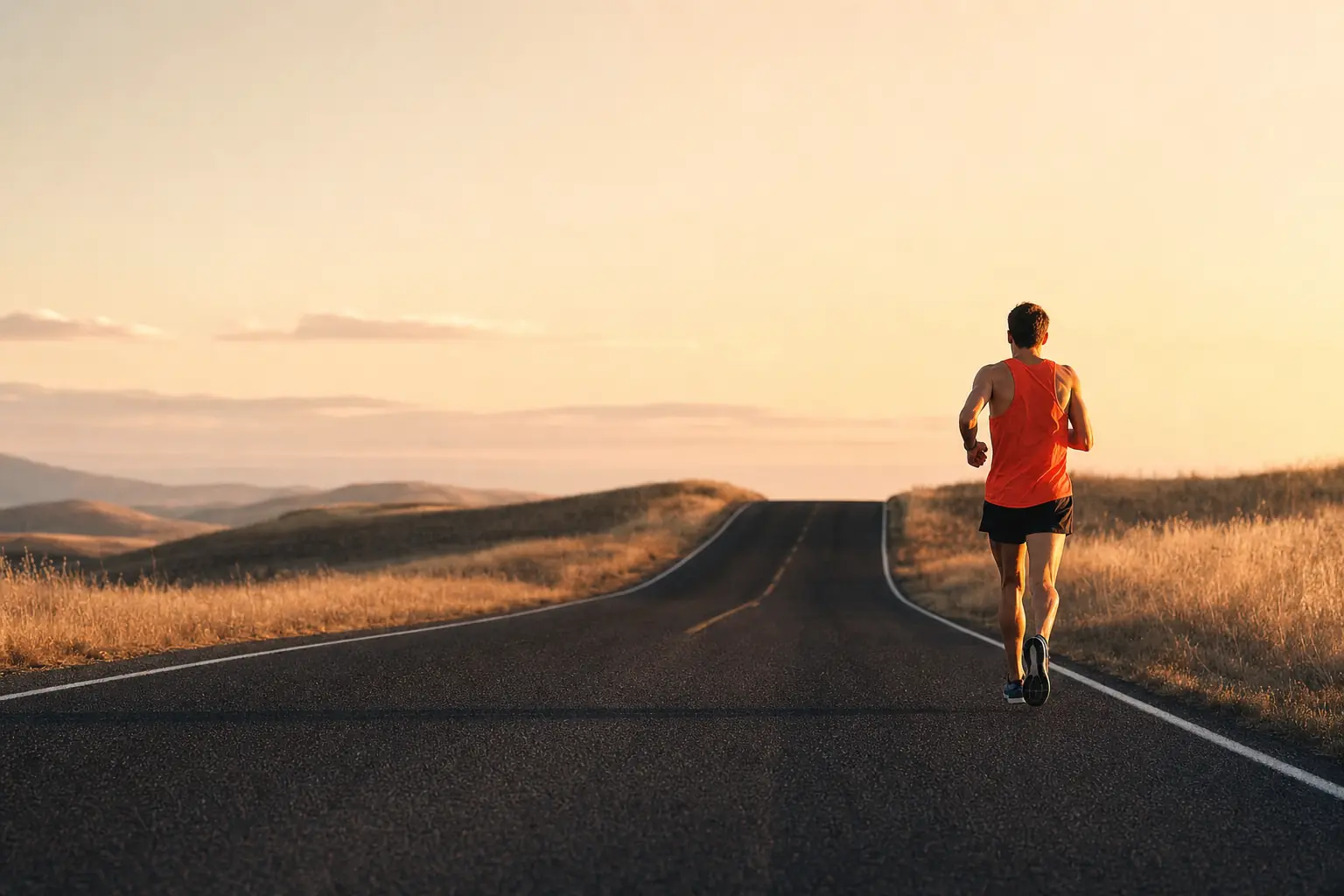 A runner in a red singlet seen from behind on an empty road cutting through golden hills at sunrise