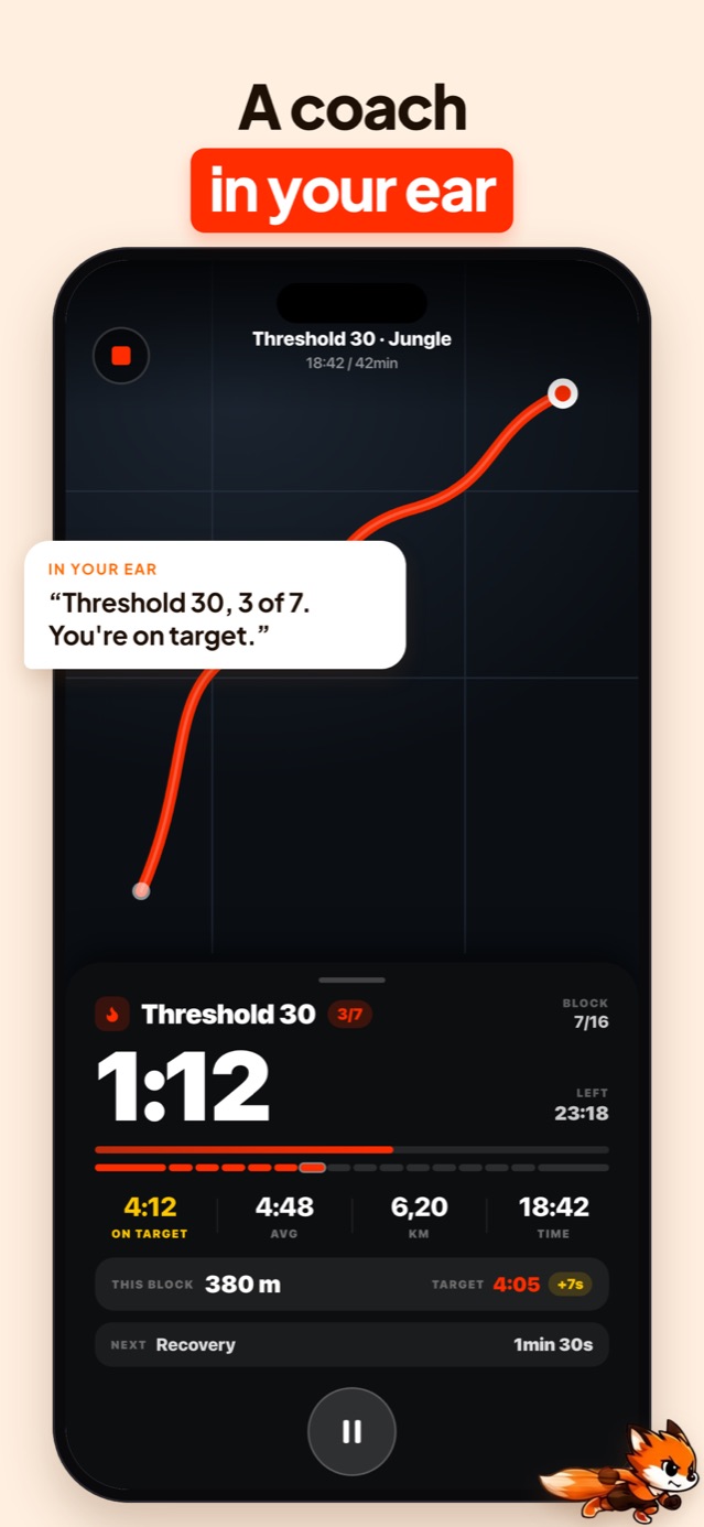Samado live run screen during a long session showing elapsed time 18:42, distance 6.20 km, current block pace and the next block queued as recovery