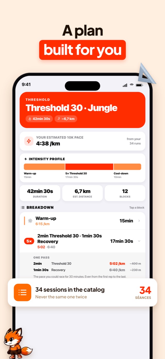 A Samado threshold session sheet showing 12 blocks: a 15 minute warm-up, five repetitions of 2 minutes with 90 seconds of recovery, and a 10 minute cool-down
