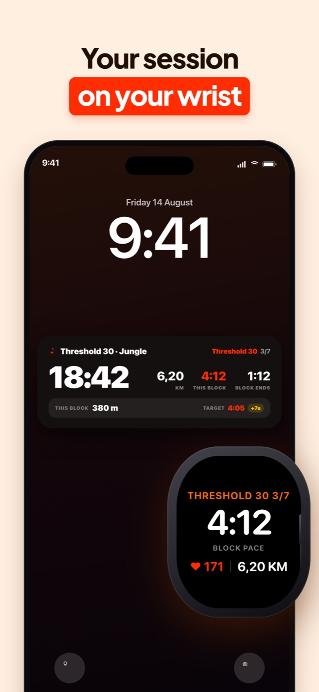 Apple Watch face during a structured Samado session showing THRESHOLD 30 3/7, block pace 4:12, heart rate 171 and 6.20 km, with a matching iPhone Live Activity
